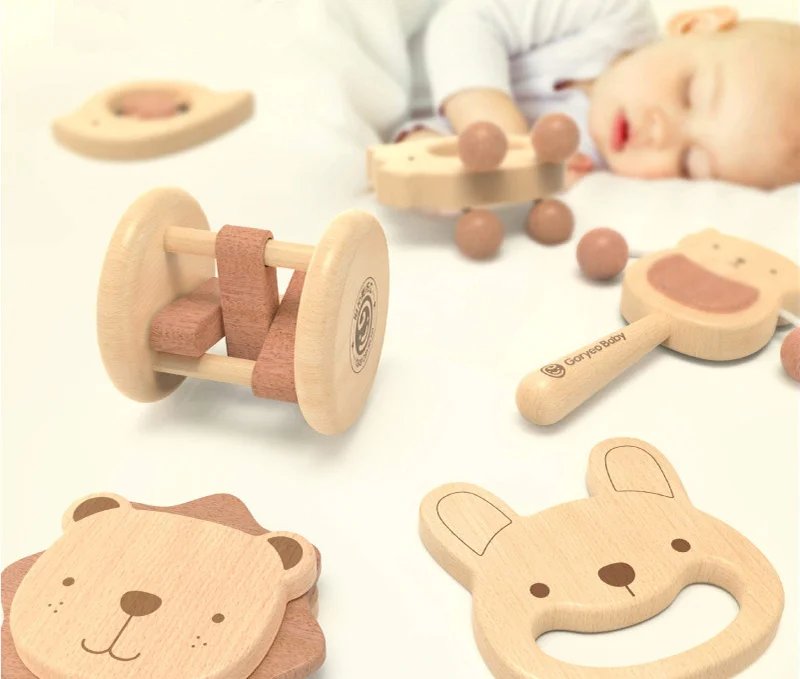 Mukayimotoys 6-Piece Set of Beech Wood Rattle Chewing Toy for Babies and Toddlers