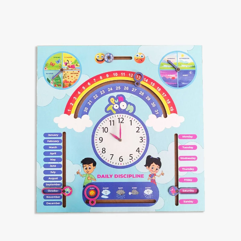 7 in 1 Wooden Calendar Toy Clock with Sliders Board Game - Blue