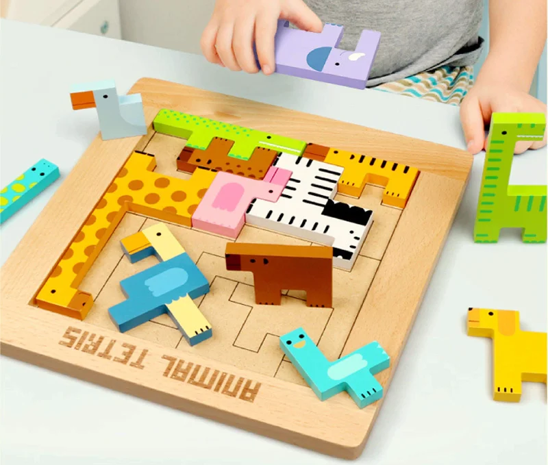 Mukayimotoys Beech/MDF Wooden Animal Puzzle Recognize Tetris