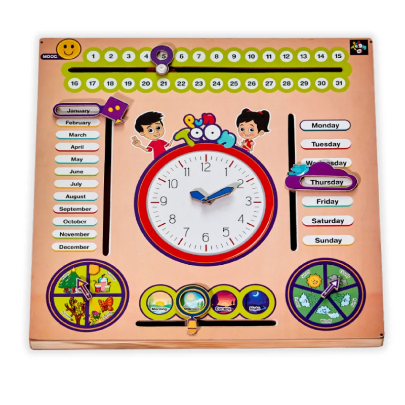 7 in 1 Wooden Calendar Toy Clock with Sliders Board Game