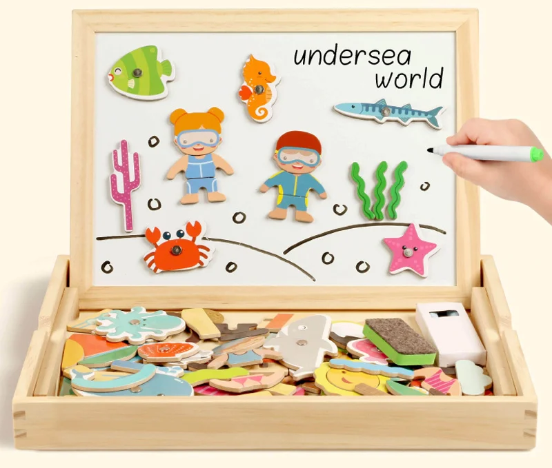 Mukayimotoy Children's Wooden Chalk/Water Pen Hand Wipe Drawing Board Magnetic Sticker Beach Ocean Fishing Puzzle