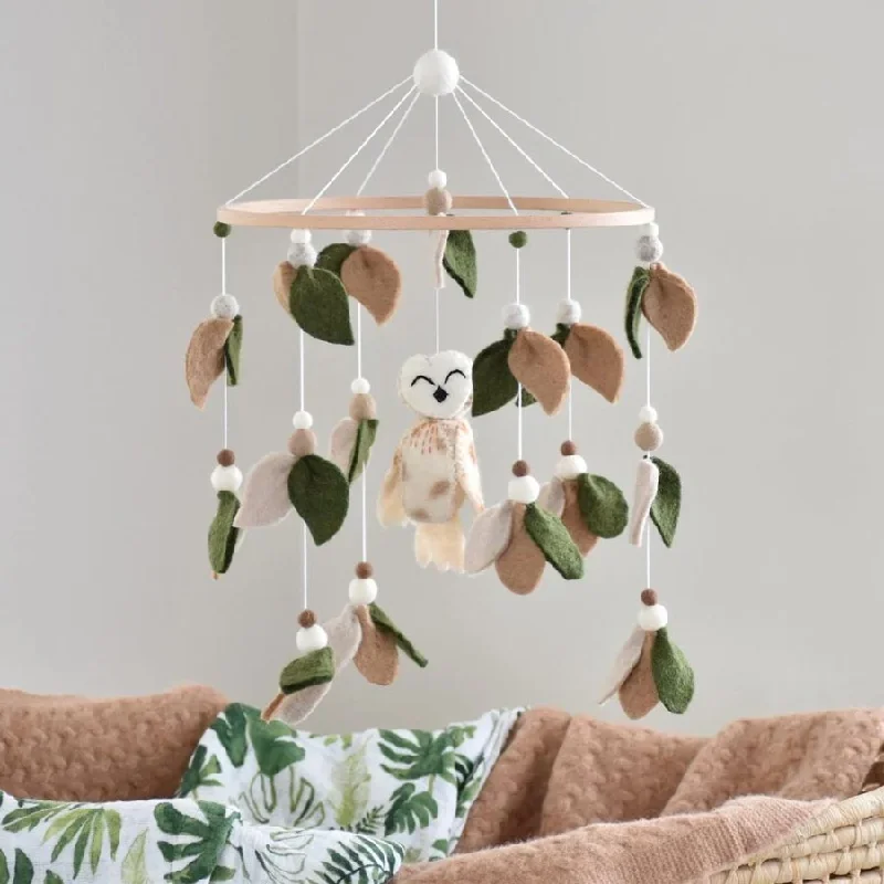 Handmade NZ Wool Baby Mobile - Owl & Leaf