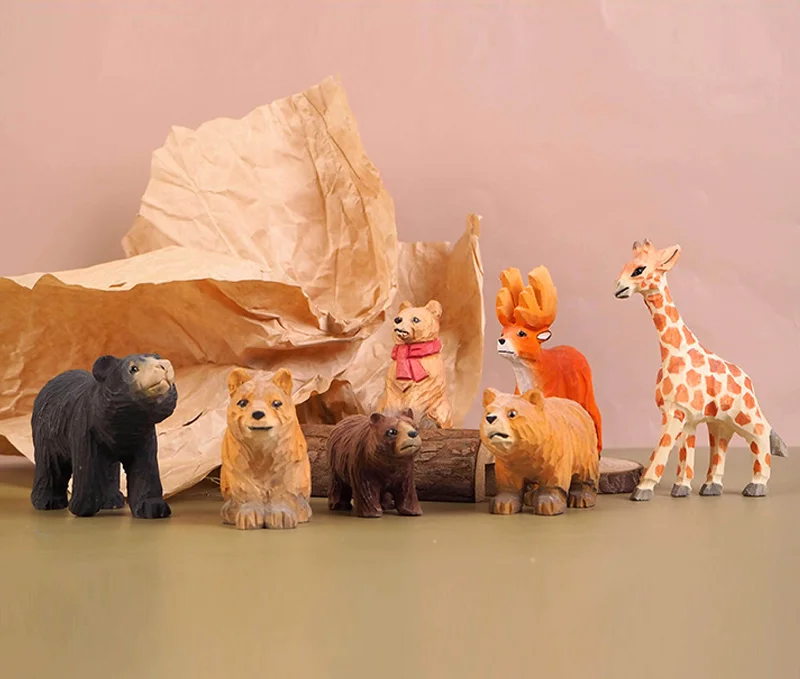 Mukayimotoy Hand-Carved Environmentally Friendly Paint Colored Wooden Grassland Animal Ornaments Set Series