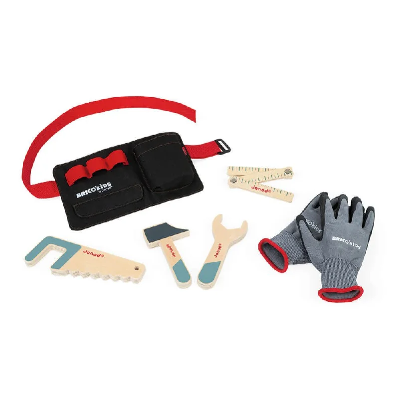 Janod: Briko Kids Tool Belt with Wooden Toys & Gloves Set