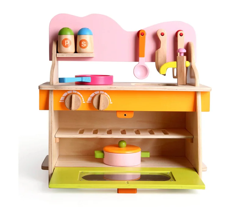 Mukayimotoys Wooden Play House Stove + Kitchen Table Storage Combination