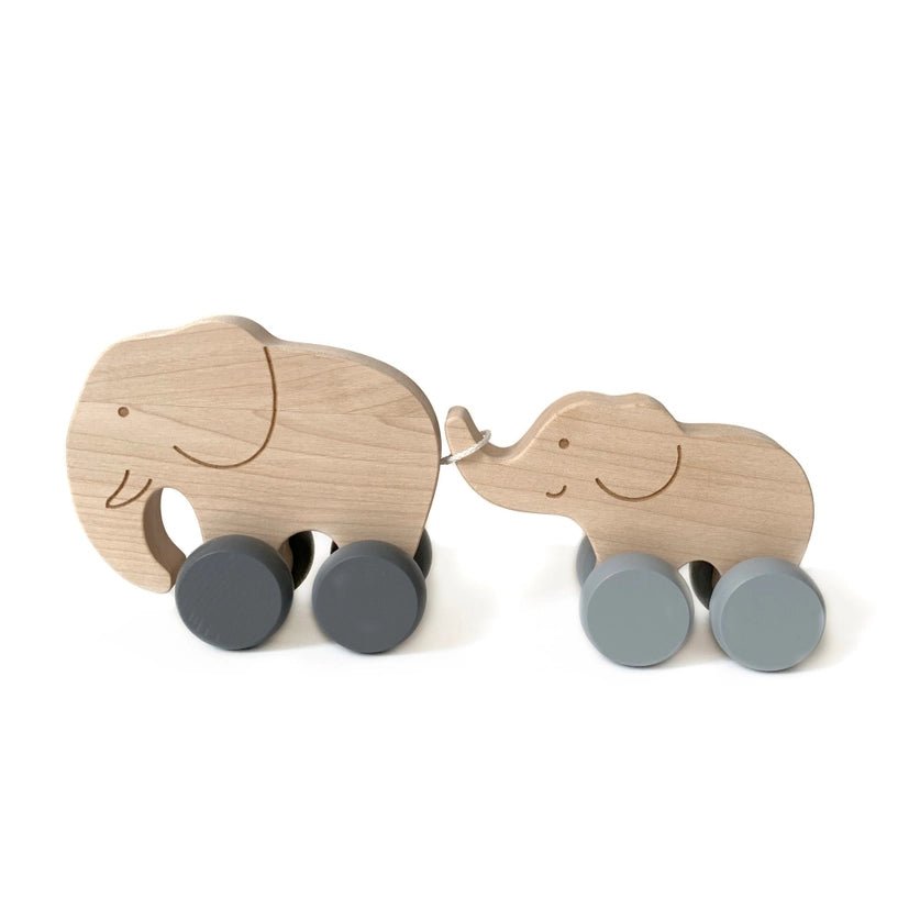 Wooden Mommy and Baby Elephants Rolling Toy by Briki Vroom Vroom