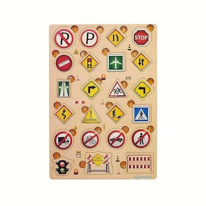 ZUDO Wooden Montessori Educational Pre-School Puzzle Board Toy for Boys and Girls (Traffic Symbol)