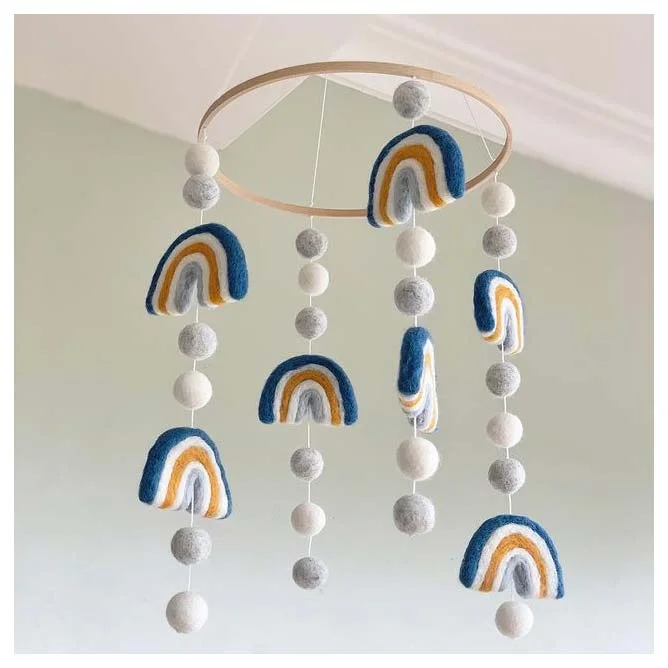 Hand Made NZ Wool Baby Mobile - Rainbows Blue